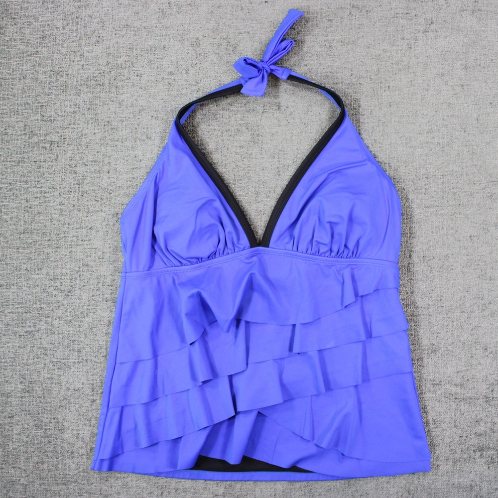 Eco Swim Womens Blue Tiered Ruffle Halter Tankini Top Size 14 7500031